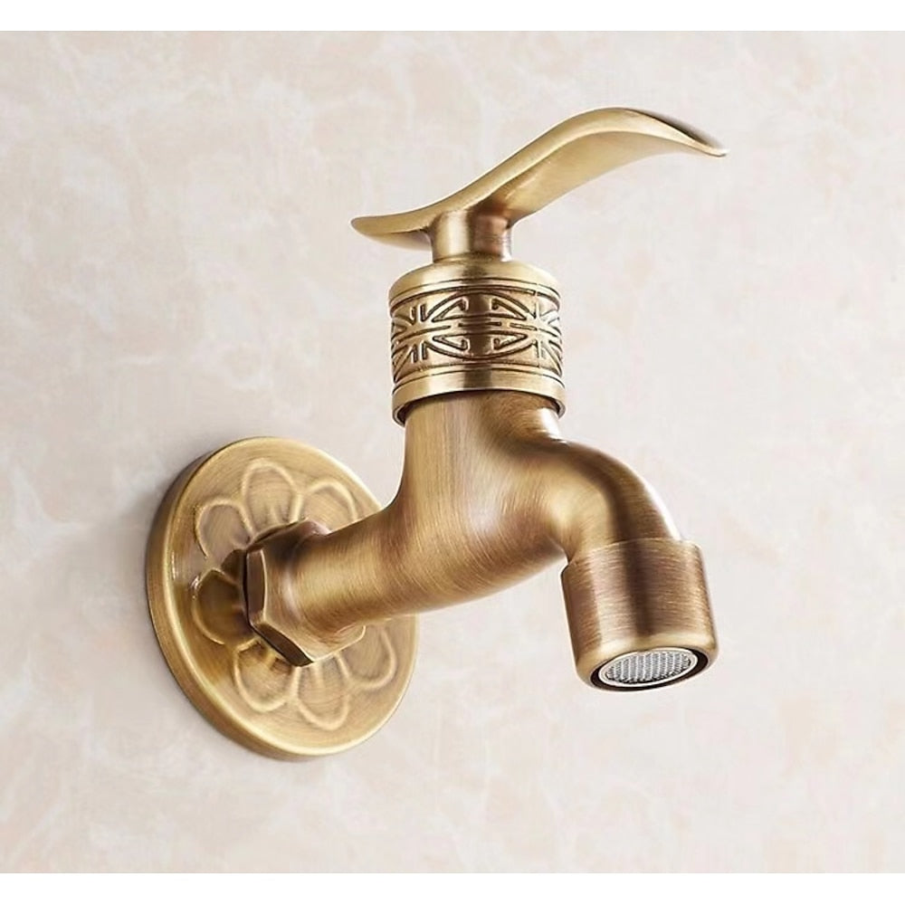 Antique Brass Wall-Mount Garden Faucet, Single-Handle Decorative Spigot Faucet