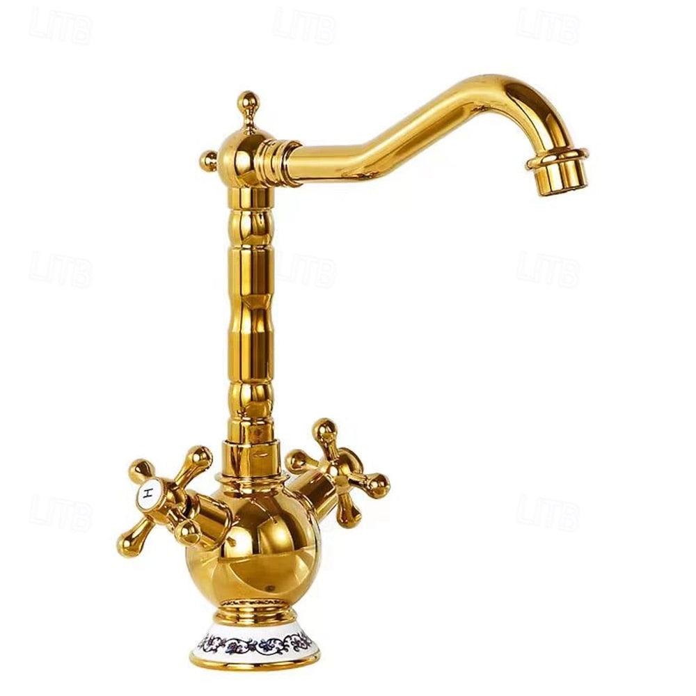 Vintage Rotatable Spout Bathroom Faucet, Single-Hole Dual-Handle Faucet, Antique Brass / Gold