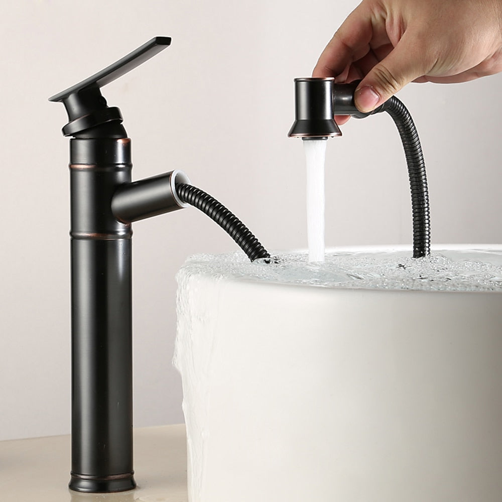 Pull-Out Spray Single-Hole Faucet, Single-Handle Brass Vintage Bathroom Faucet, Matte Black / Oil-Rubbed Bronze / Antique Brass / Brushed Nickel