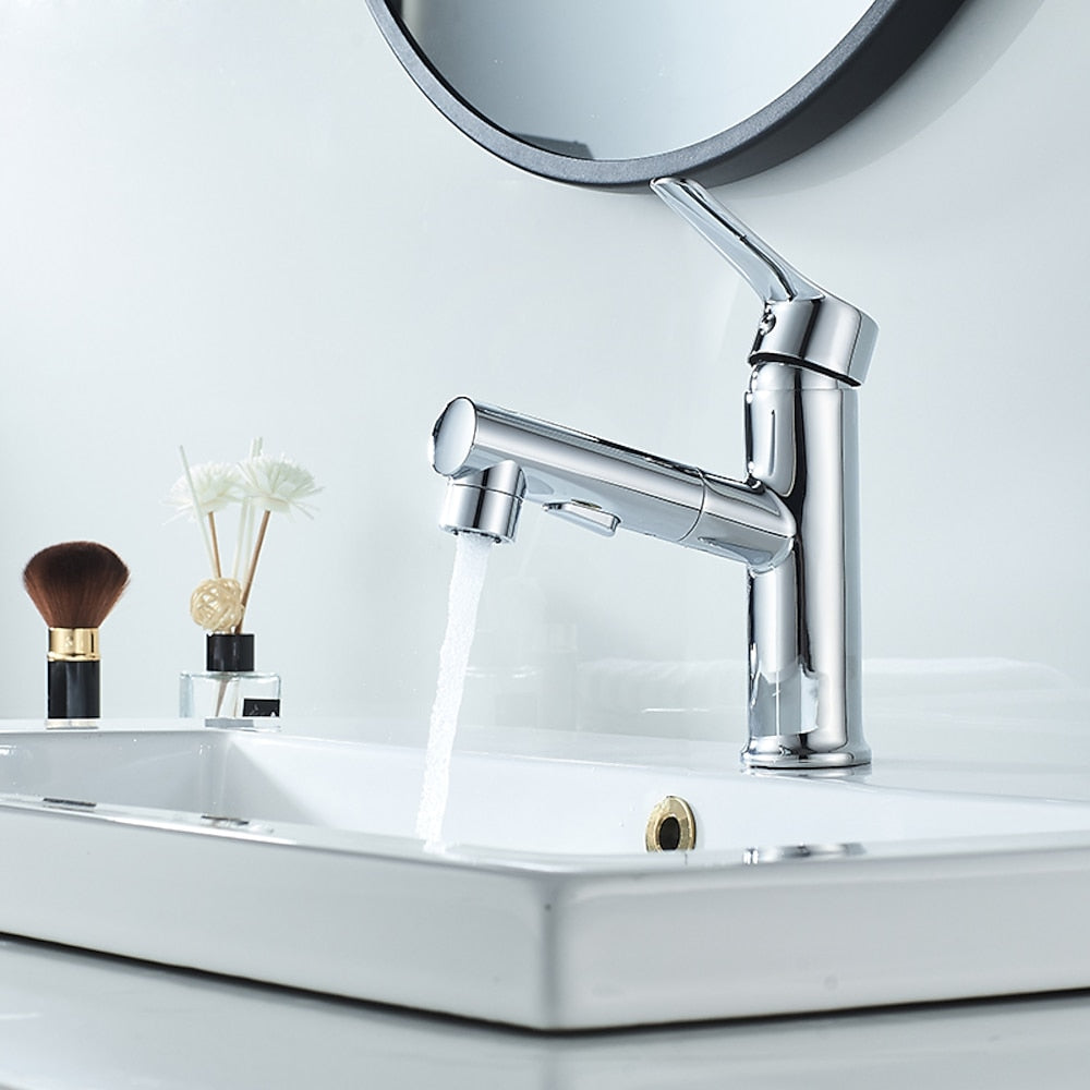 Modern Pull-Out Spray Bathroom Faucet, Single-Handle Brass Faucet, Matte Black / Chrome