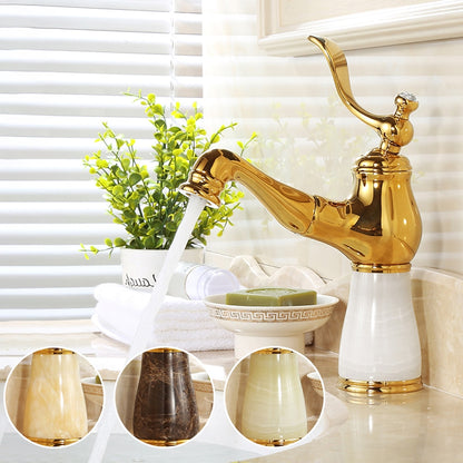 Vintage Traditional Single-Hole Bathroom Faucet, Single-Handle Brass Faucet with Marble Column Base, Gold / White / Multi