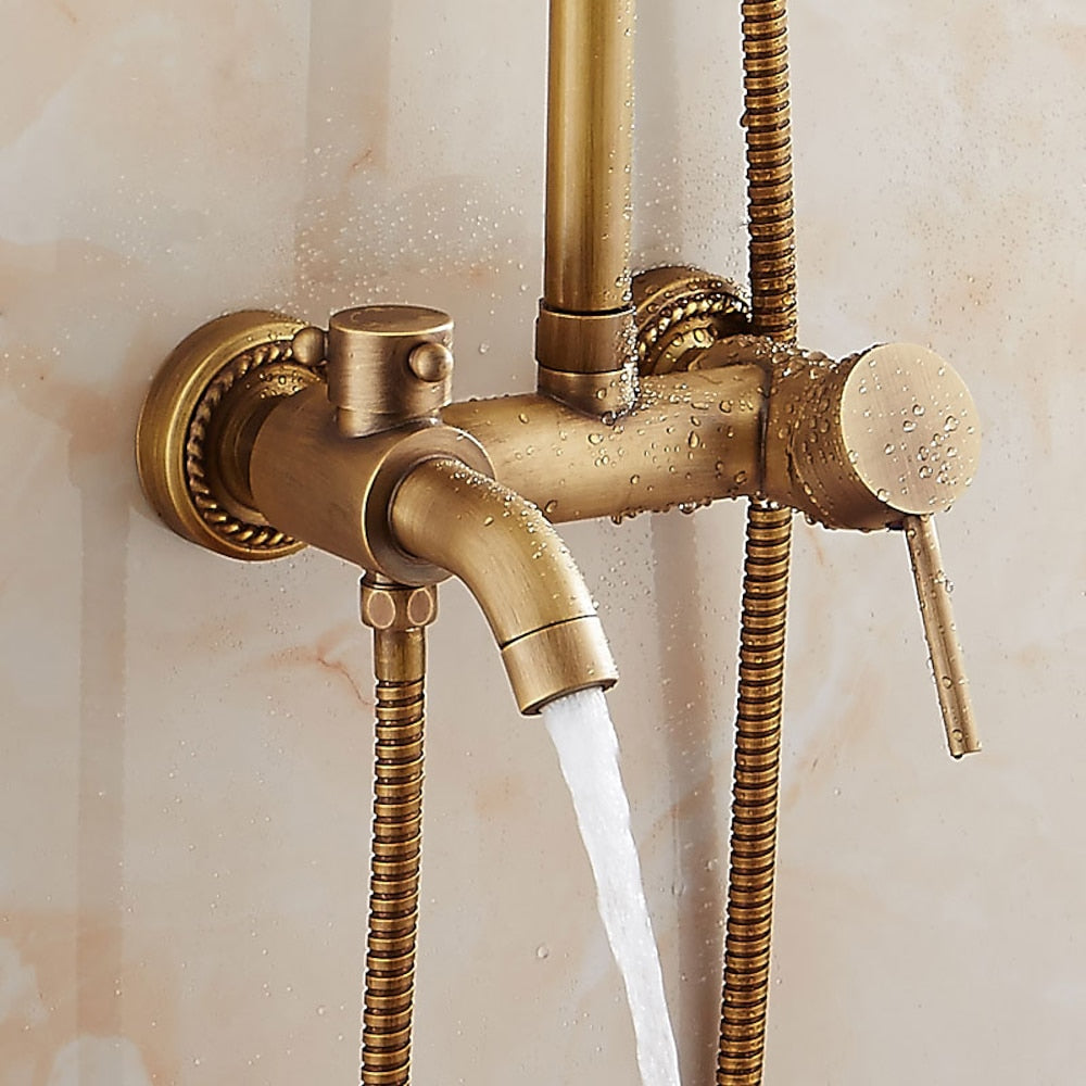 Antique Brass Wall-Mount Shower System, Rainfall Shower Faucet, Single-Handle Tub Filler with Handheld Shower