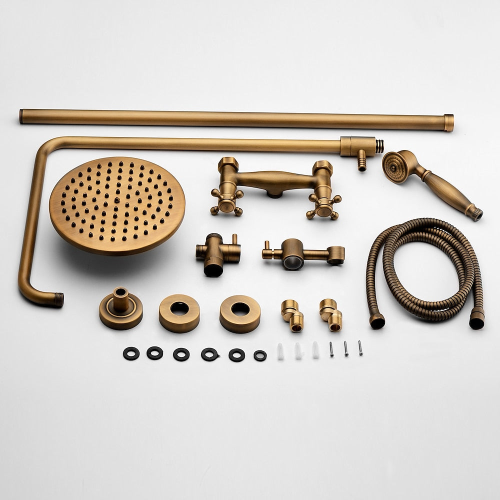 Antique Brass Rainfall Shower System, Wall-Mounted Exposed Pipe Faucet with Handheld Shower