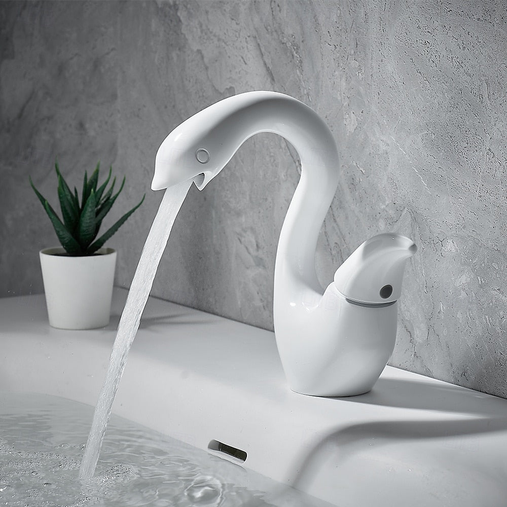 Swan-Shaped Modern Single-Hole Bathroom Faucet, Single-Handle Brass Basin Faucet