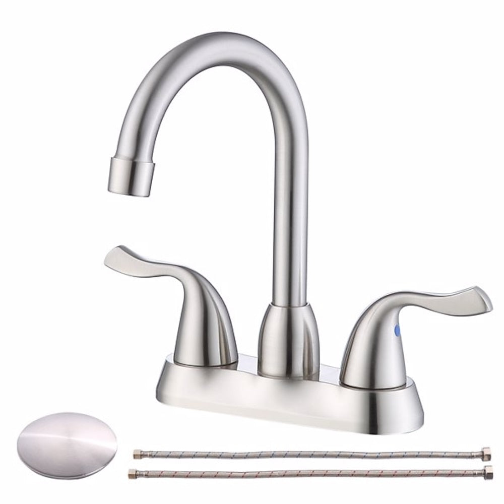 Brushed Nickel High Arc Swivel Spout Centerset Bathroom Faucet, Double-Handle 3-Hole Sink Faucet with Pop-Up Drain
