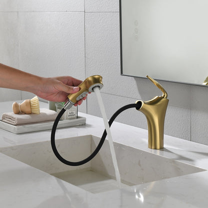 Pull-Out Single-Hole Bathroom Faucet, Single-Handle Brass Faucet, Brushed Gold / Matte Black / Matte White / Chrome / Gunmetal