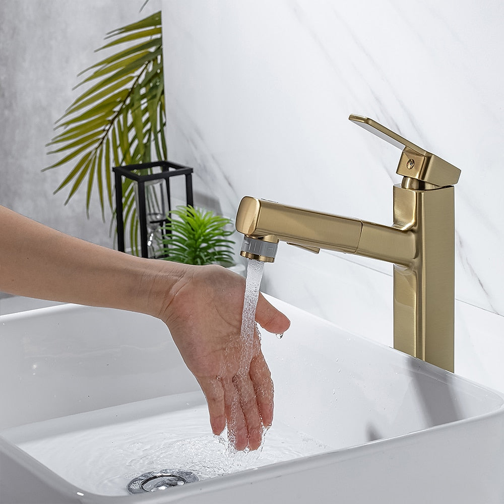 Pull-Out Single-Hole Brass Bathroom Faucet, Upward Fountain Spout Faucet, Chrome / Matte Black / Brushed Gold / Gunmetal