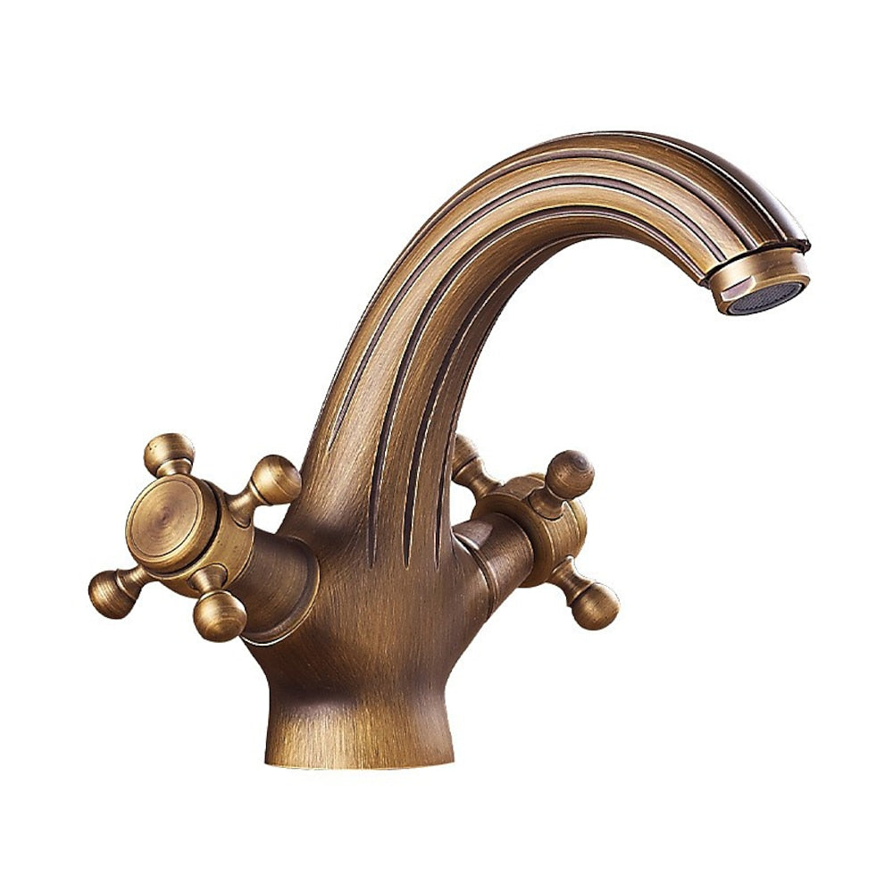 Vintage Single-Hole Bathroom Faucet, Dual Cross Handle Brass Faucet