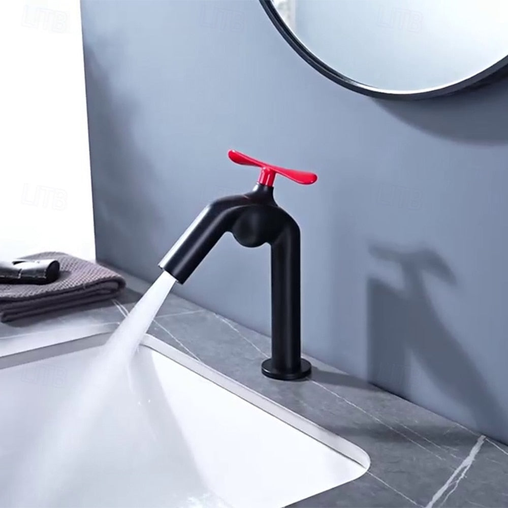 Modern Single-Hole Bathroom Faucet with Propeller Handle, Black / White / Burgundy / Orange Red