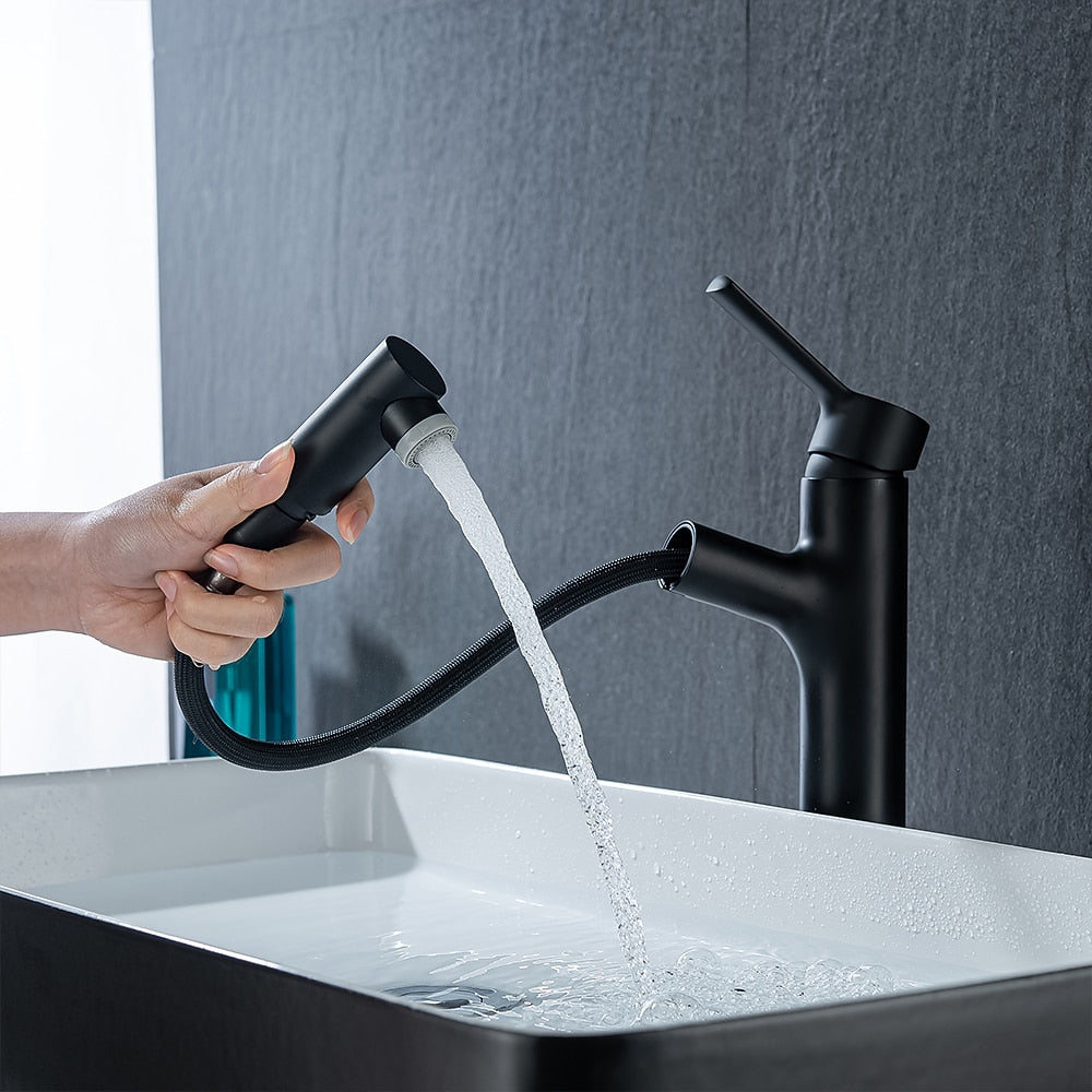 Pull-Out Single-Hole Bathroom Faucet, Modern Single-Handle Basin Faucet with 2-Mode Sprayer, Matte Black / Brushed Gold / Gunmetal