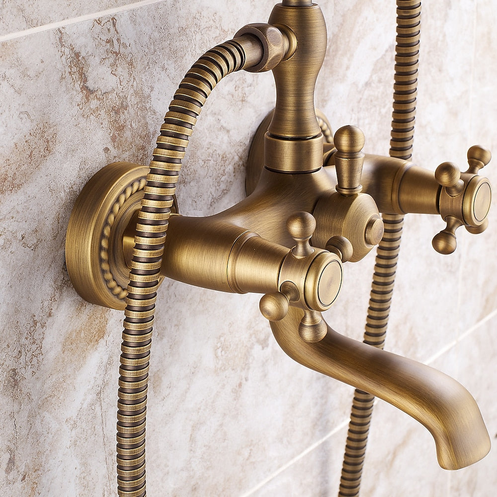 Vintage Wall-Mount Tub Faucet, Double-Handle Brass Bathtub Faucet with Telephone- Handheld Shower, Antique Brass / Matte Black
