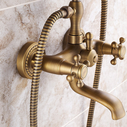 Vintage Wall-Mount Tub Faucet, Double-Handle Brass Bathtub Faucet with Telephone- Handheld Shower, Antique Brass / Matte Black