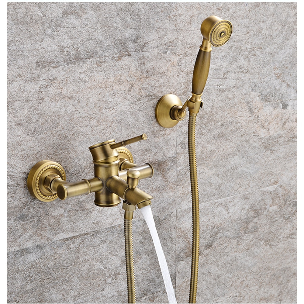 Vintage Wall-Mount Tub Filler Faucet, Single-Handle Brass Faucet with Handheld Shower, Antique Brass / Oil-Rubbed Bronze
