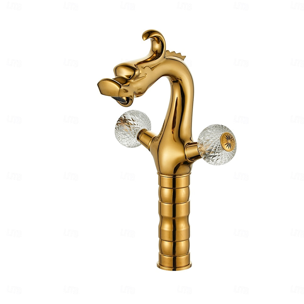 Polished Gold Dragon Bathroom Faucet, Single-Hole Double Crystal Knob Handle Faucet