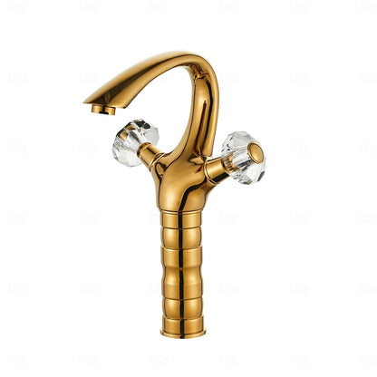Polished Gold Single-Hole Bathroom Faucet, Dual-Handle High Arc Faucet with Crystal Knob Handles