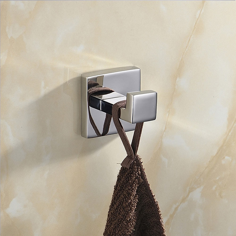Chrome Wall-Mounted Stainless Steel Bathroom Hardware Set, 4-Piece Bathroom Accessory Kit with Double Towel Bar / Toilet Paper Holder / Robe Hook / Towel Holder