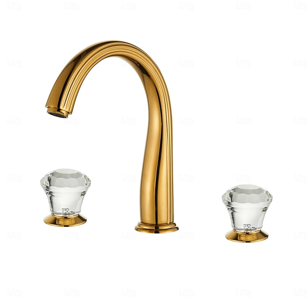Polished Gold Modern Widespread Bathroom Faucet, 3-Hole Dual-Handle Sink Faucet with Crystal Knob Handles