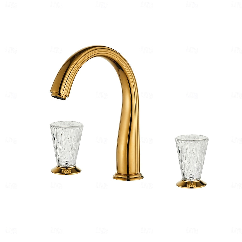 Polished Gold Modern Widespread Bathroom Faucet, High Arc Faucet with Crystal Knob Handles