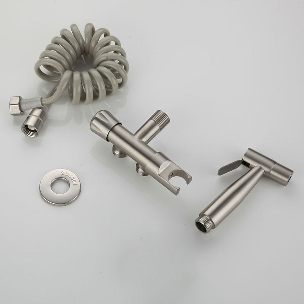 Stainless Steel Handheld Bidet Sprayer Faucet, Wall-Mount Single-Handle Toilet Shattaf with T-Valve / Flexible Hose