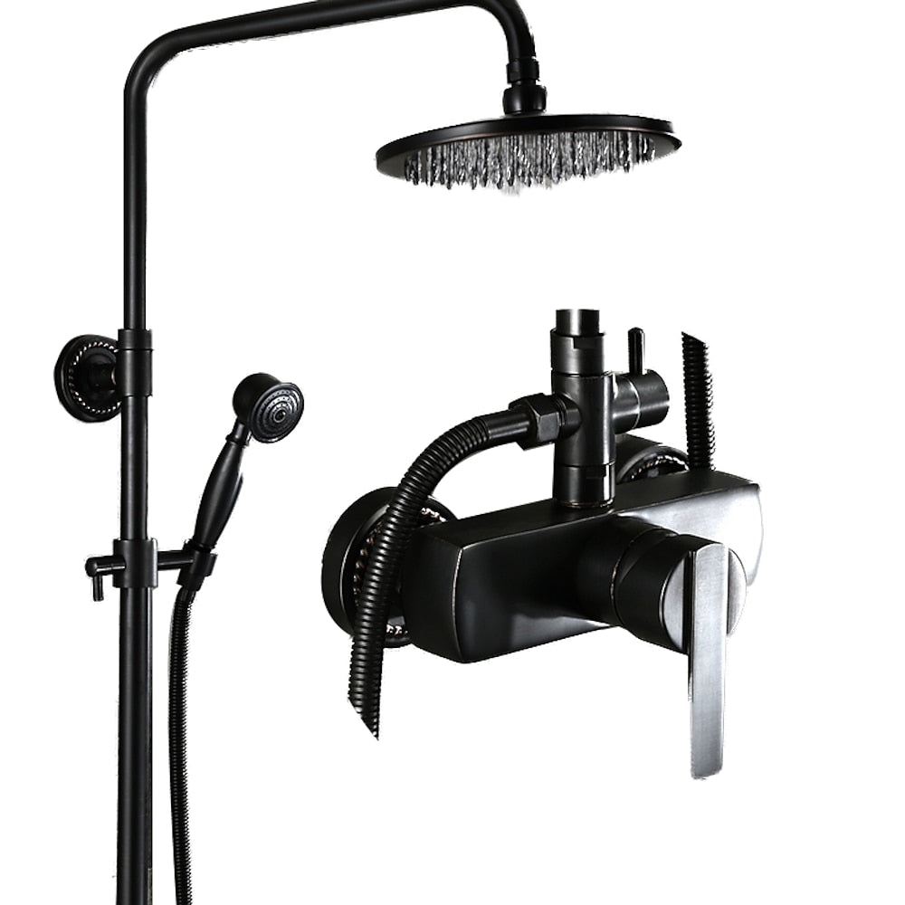 Antique Oil-Rubbed Bronze Wall-Mount Exposed Pipe Tub Shower System, Complete Brass Shower Faucet with Rain Shower Head / Handheld Shower