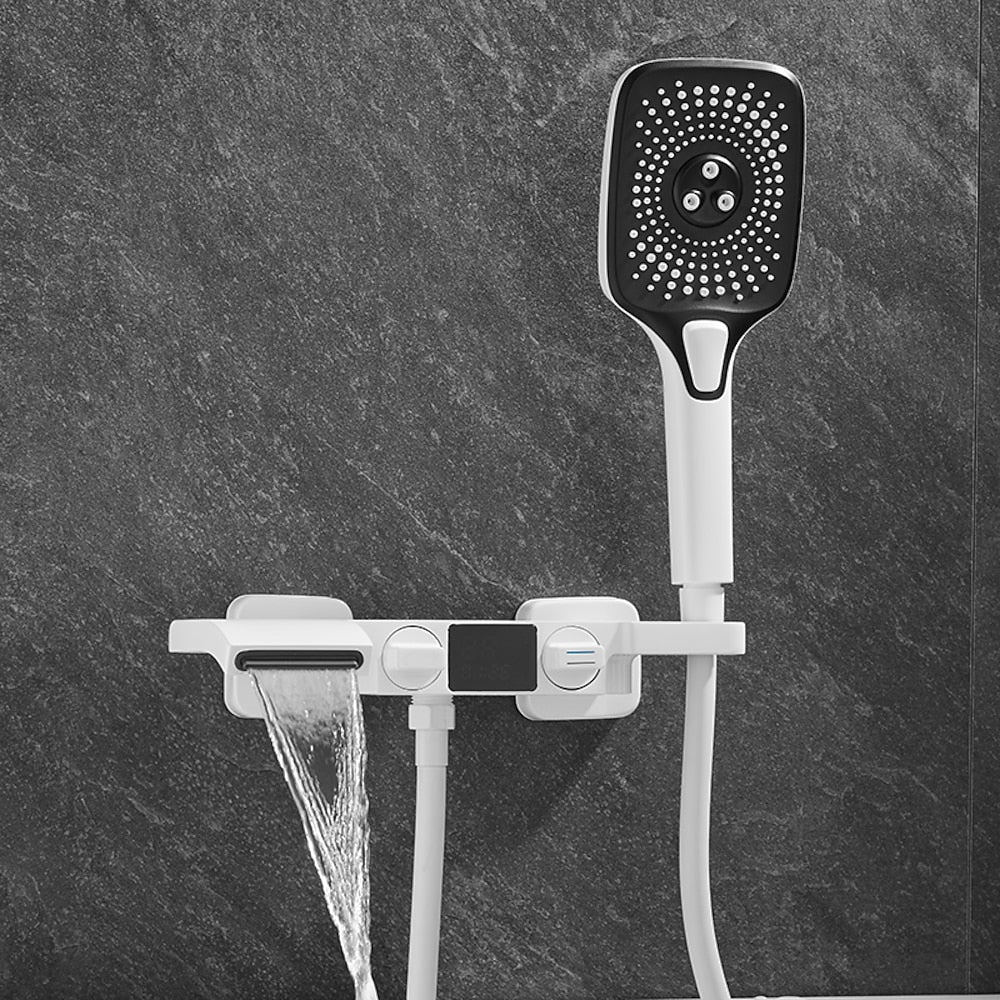 Wall-Mount Waterfall Tub Faucet, Dual-Handle Bath Mixer Tap with Handheld Shower