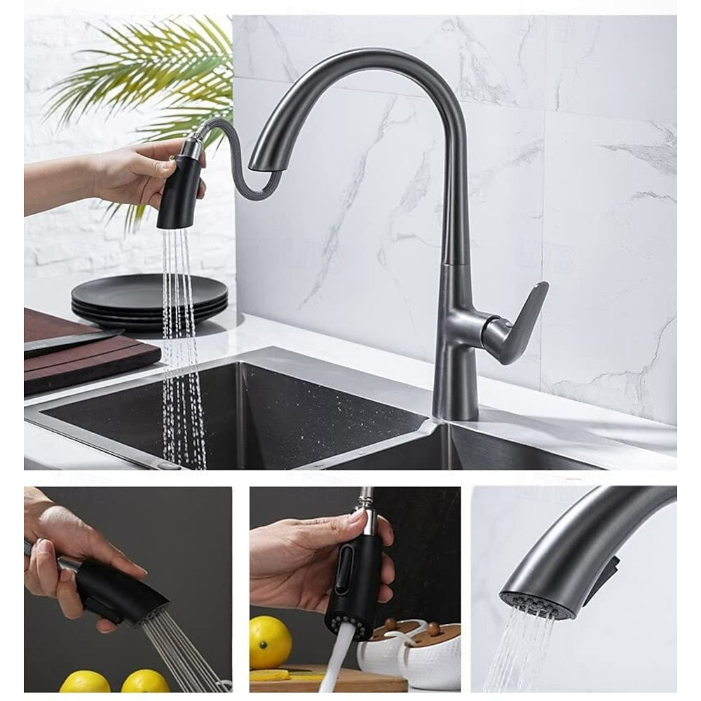 Pull-Down Kitchen Faucet, High Arc Single-Handle Brass Sink Faucet, Gunmetal / Matte White / Matte Black / Brushed Nickel