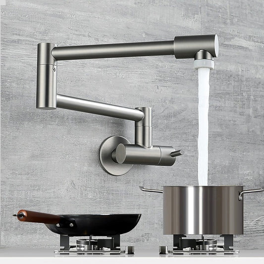 Lagomel wall-mounted single-handle pot filler in brushed nickel, gunmetal, set in a Modern/Contemporary bathroom