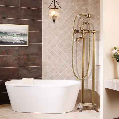 Traditional Floor-Mount Tub Filler Faucet, Double-Handle Brass Bathtub Faucet with Handheld Shower, Antique Brass / Chrome / Matte Black