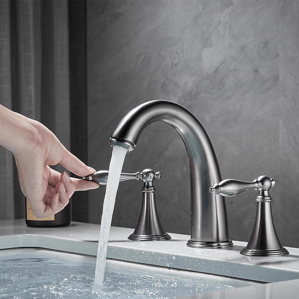 Modern High Arc Bathroom Sink Faucet, Widespread Dual-Handle Faucet, Matte Black / Matte White / Gunmetal / Chrome