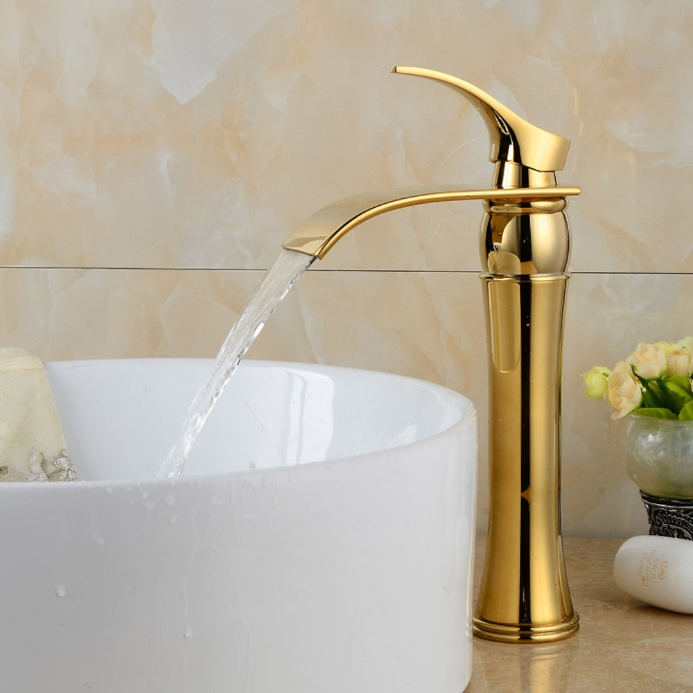 Polished Gold Waterfall Vessel Sink Faucet, Single-Handle Brass Bathroom Faucet