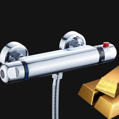 Chrome Wall-Mount Thermostatic Shower Valve, Dual-Knob Brass Mixer Bar with 38°C Safety Button