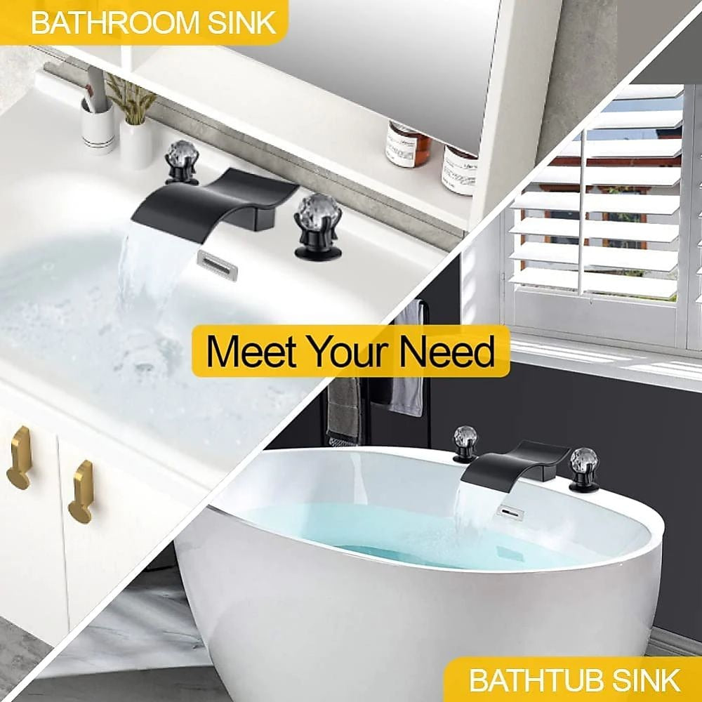 Waterfall Widespread Bathroom Sink Faucet, Double Crystal Knob Handle Deck Mounted Faucet, Matte Black / Chrome / Brushed Gold / Brushed Nickel / Gunmetal / PVD