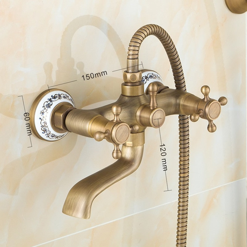 Vintage Brass Wall-Mount Tub Filler Faucet, Dual-Handle Tub Faucet with Handheld Shower, Antique Brass / Oil-Rubbed Bronze