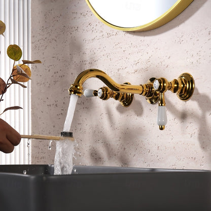 Vintage Wall-Mount Bathroom Faucet, 3-Hole Widespread Dual-Handle Faucet, Polished Gold / Chrome
