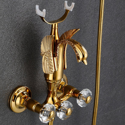 Swan Spout Wall-Mount Bathtub Faucet, Dual-Handle Tub Filler with Handheld Shower, Antique Brass / Matte Black / Chrome / Polished Gold