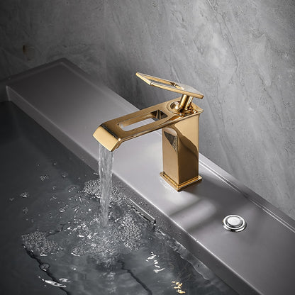 Modern Waterfall Bathroom Faucet, Single-Handle Brass Faucet, Brushed Gold / Chrome / Gunmetal / Matte Black / Matte White