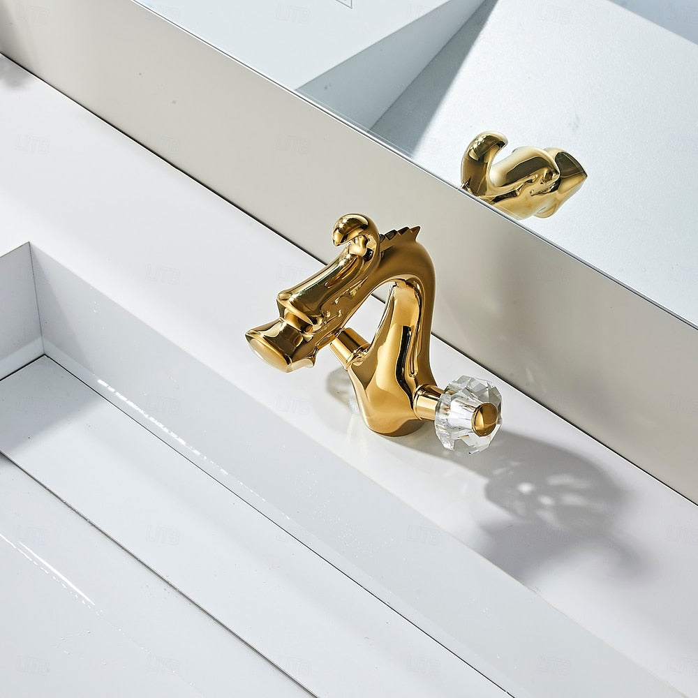 Polished Gold Dragon Bathroom Faucet, Single-Hole Dual-Handle Tap with Crystal Knob Handles