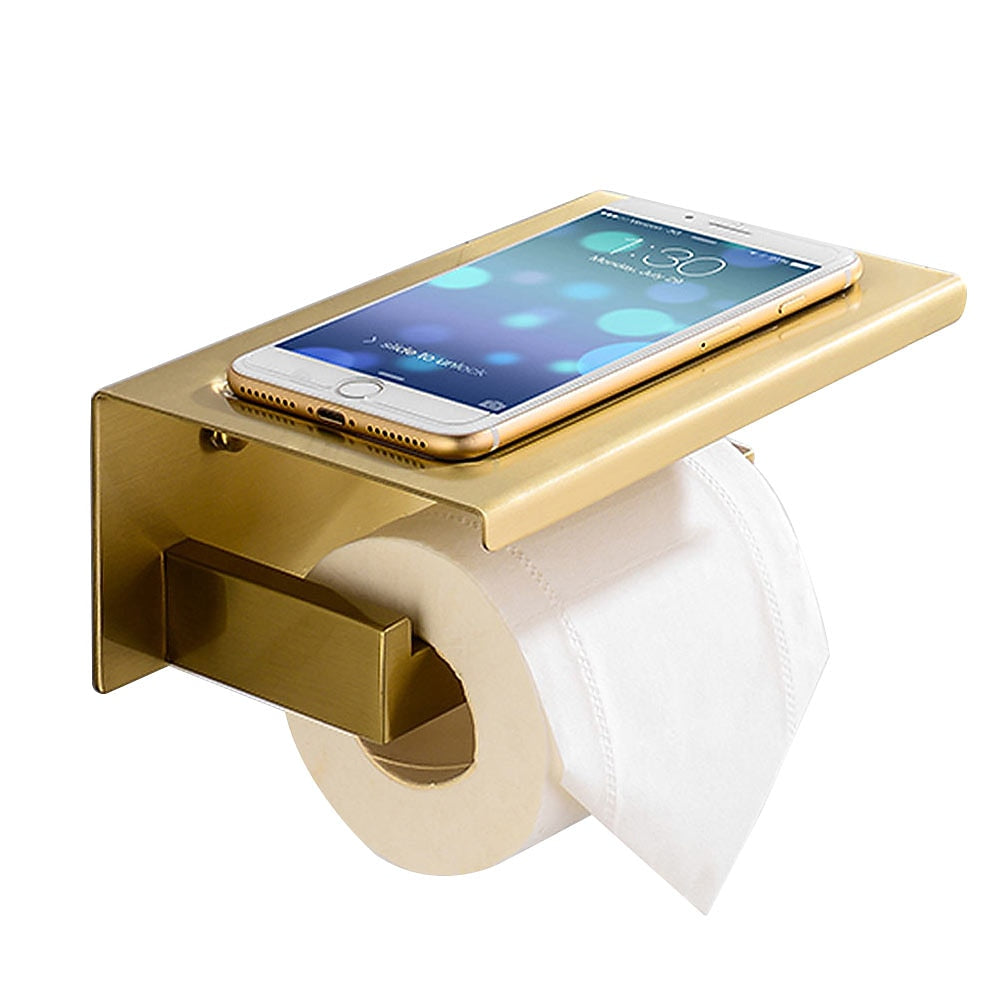 Brushed Gold Stainless Steel Bathroom Hardware Set, Modern Wall-Mount Bathroom Accessory Set with Towel Rack / Toilet Paper Holder / Robe Hooks