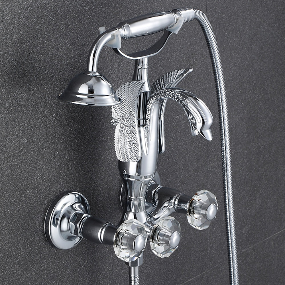 Swan Spout Wall-Mount Bathtub Faucet, Dual-Handle Tub Filler with Handheld Shower, Antique Brass / Matte Black / Chrome / Polished Gold
