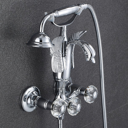 Swan Spout Wall-Mount Bathtub Faucet, Dual-Handle Tub Filler with Handheld Shower, Antique Brass / Matte Black / Chrome / Polished Gold