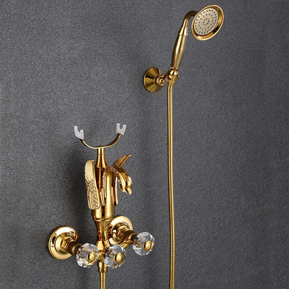 Swan Spout Wall-Mount Bathtub Faucet, Dual-Handle Tub Filler with Handheld Shower, Antique Brass / Matte Black / Chrome / Polished Gold