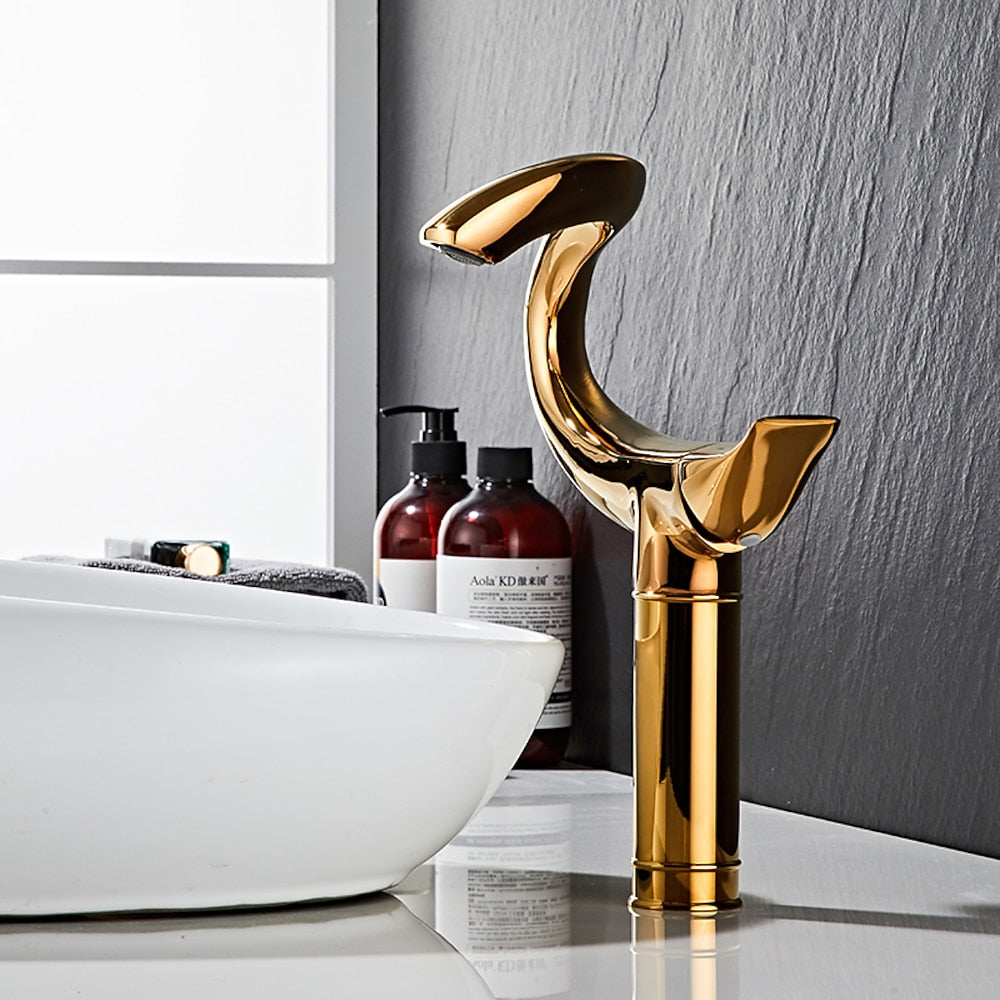Curved High Arc Vessel Bathroom Faucet, Single-Handle Single-Hole Tall Brass Faucet