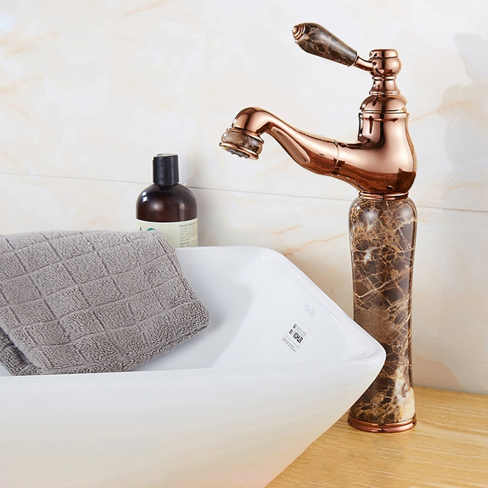 Pull-Out Vintage Single-Hole Bathroom Faucet, Single-Handle Brass Faucet, Rose Gold