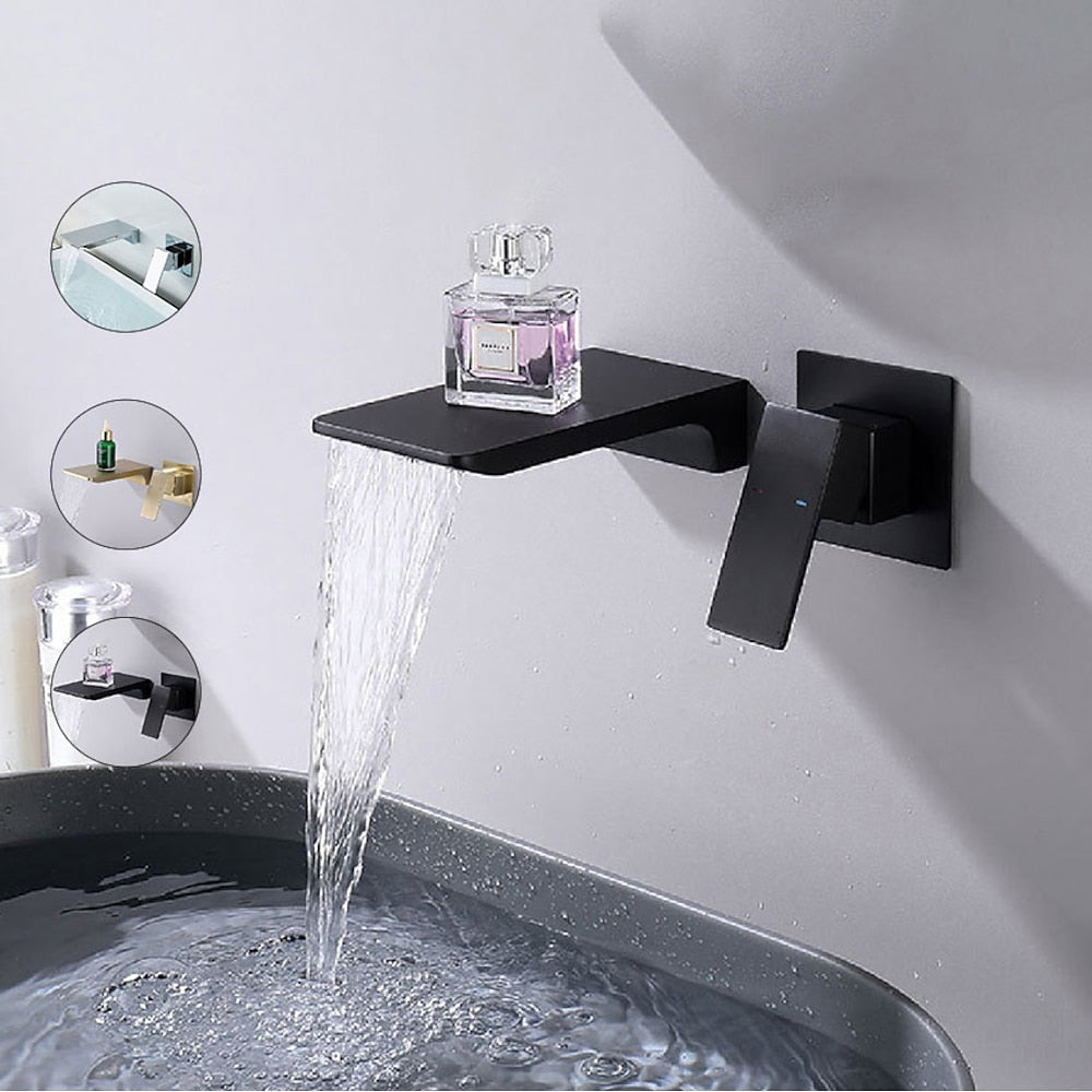 Waterfall Wall-Mount Bathroom Faucet, Single-Handle Brass Faucet, Matte Black / Brushed Gold / Chrome
