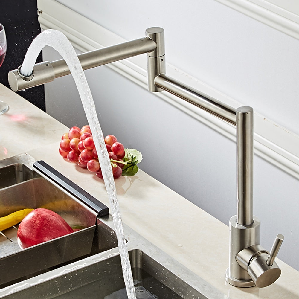 Brushed Nickel Double-Jointed Folding Kitchen Faucet, Single-Handle Deck-Mount Pot Filler Faucet