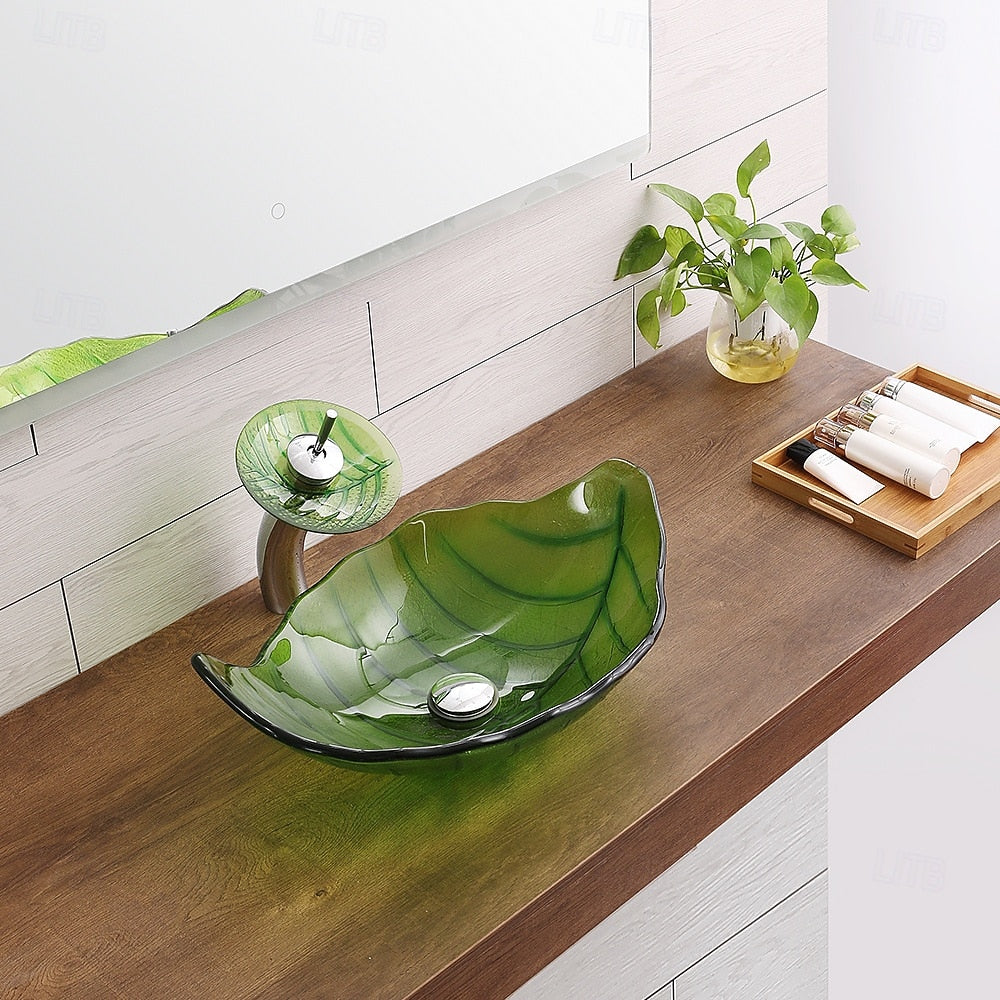 Modern Leaf-Shaped Glass Vessel Sink, Single-Handle Waterfall Spout Faucet Combo with Pop-Up Drain, Multi- / Bronze / Black / Gold