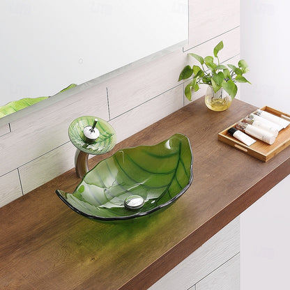 Modern Leaf-Shaped Glass Vessel Sink, Single-Handle Waterfall Spout Faucet Combo with Pop-Up Drain, Multi- / Bronze / Black / Gold