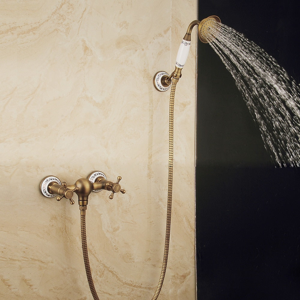 Antique Brass Wall-Mount Shower Faucet Set, Vintage Double-Handle Brass Shower Faucet with Handheld Shower