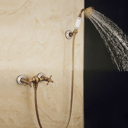Antique Brass Wall-Mount Shower Faucet Set, Vintage Double-Handle Brass Shower Faucet with Handheld Shower