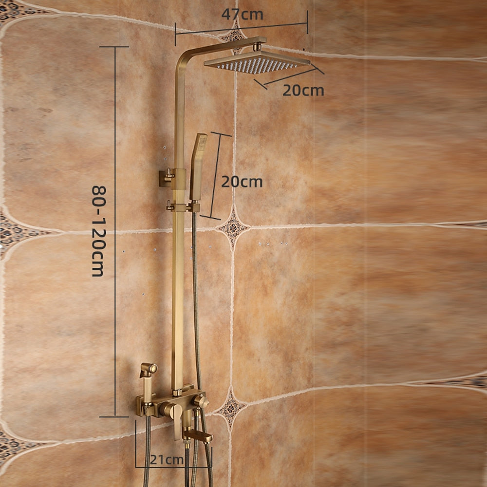 Rainfall Wall-Mounted Shower System, Single-Handle Tub Spout Faucet, Antique Brass / Brushed Nickel